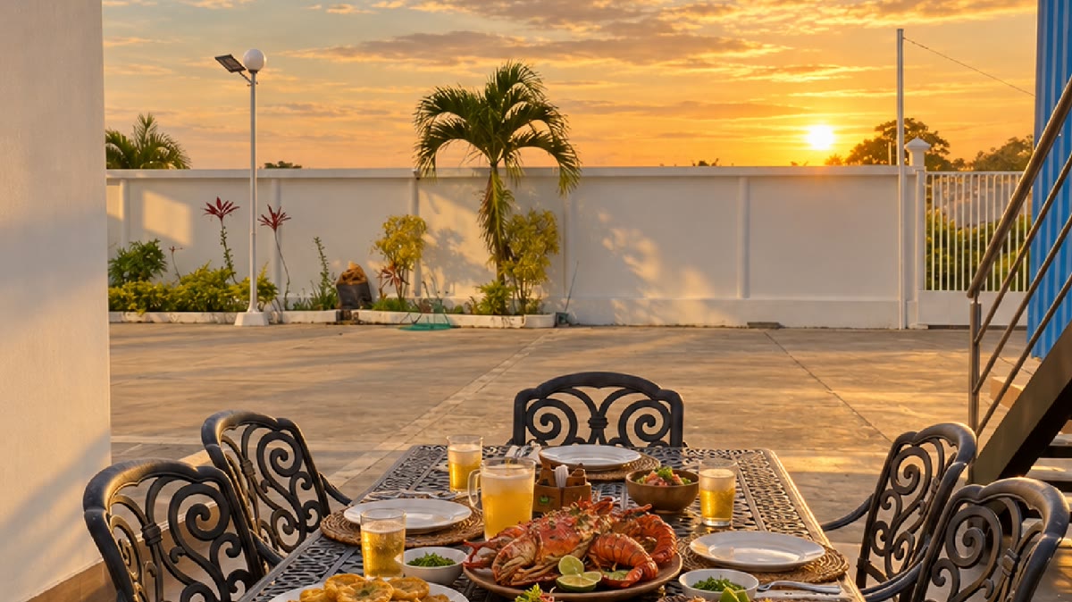Mesa con platos manabitas al atardecer en White Villa