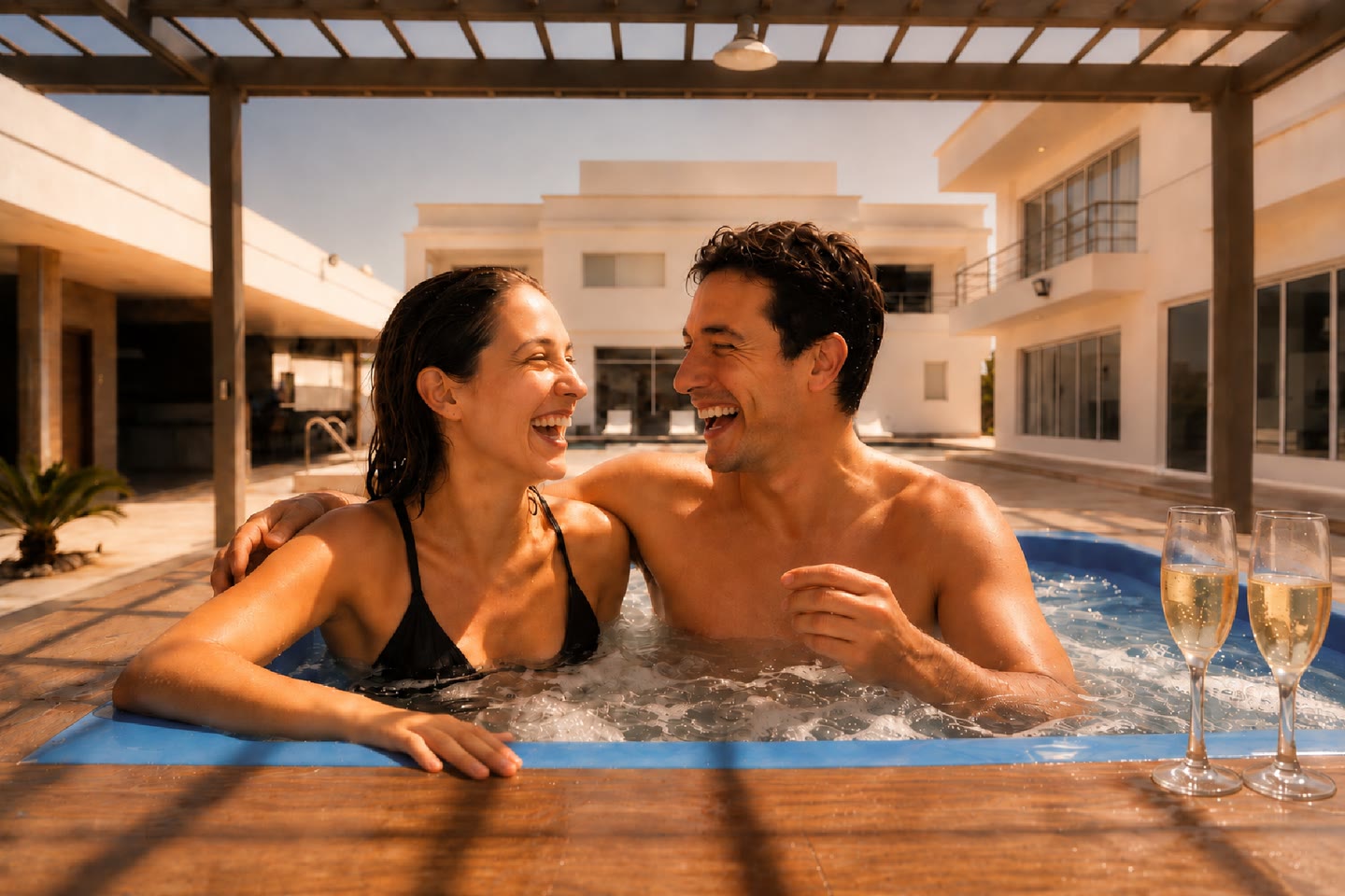 Pareja celebrando con copas en un jacuzzi