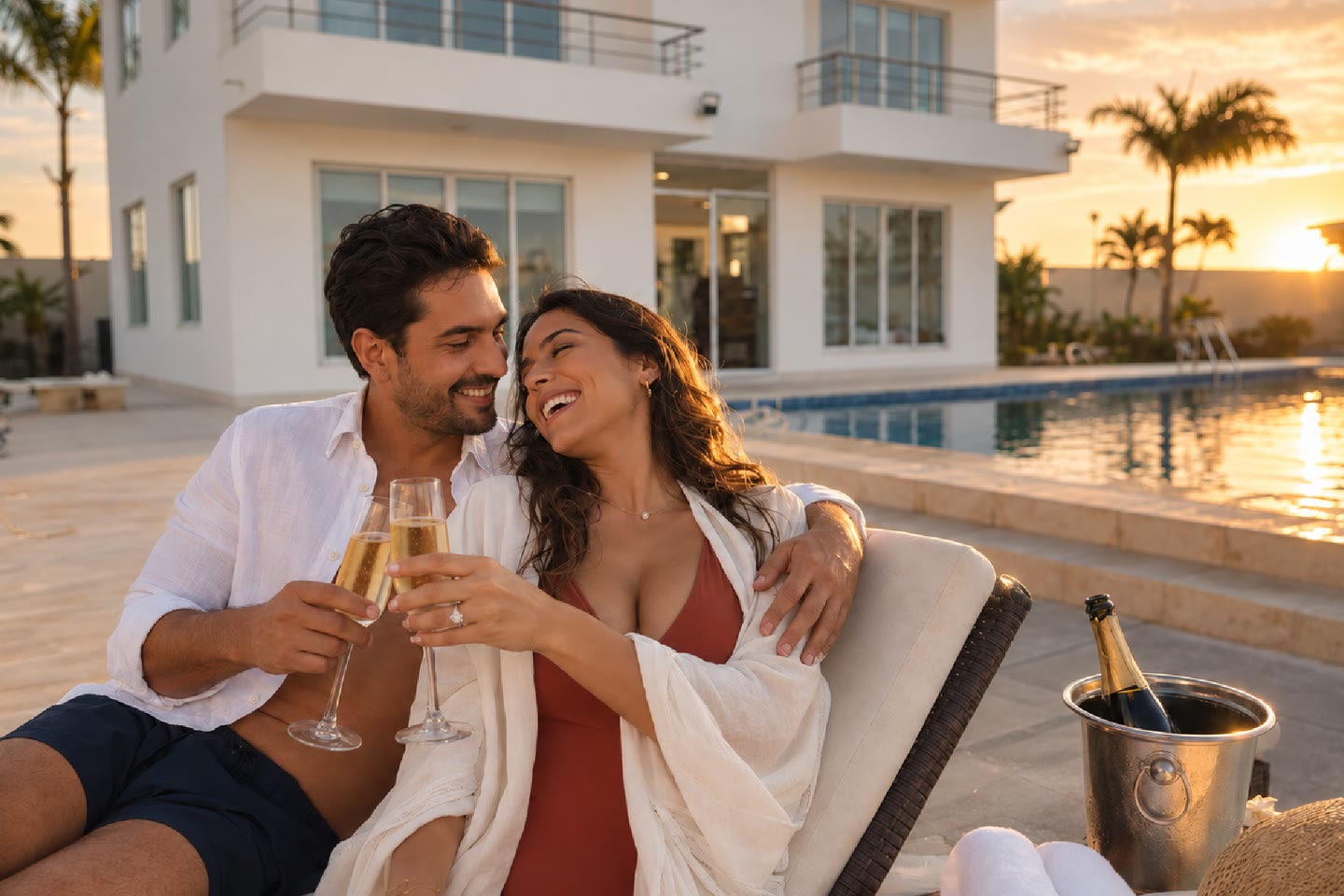 Pareja brindando junto a una piscina al atardecer