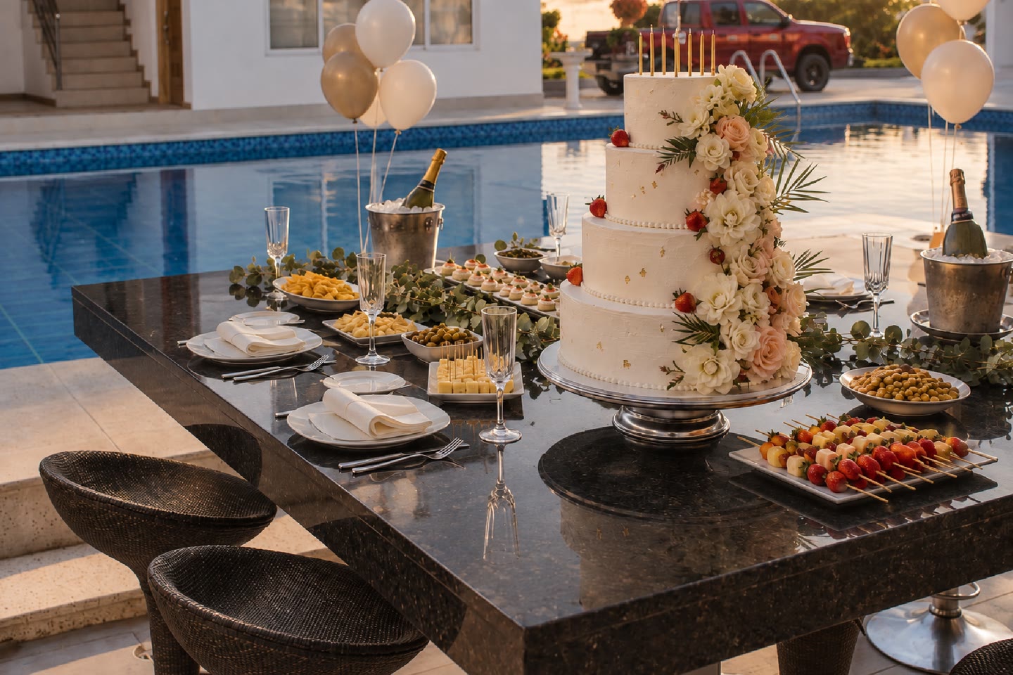 Mesa decorada con pastel para una celebración junto a la piscina
