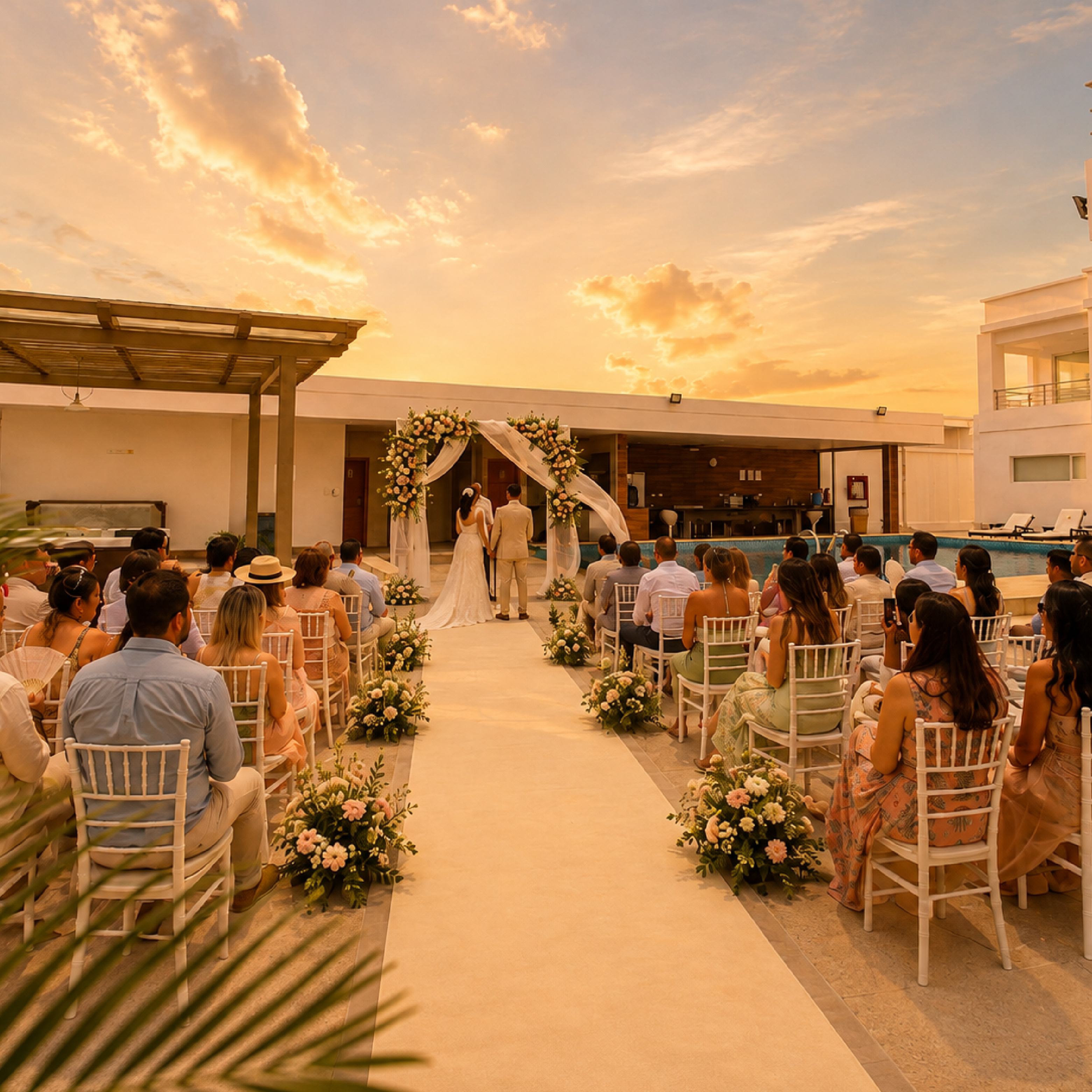 Pareja celebrando su compromiso en una villa frente al mar