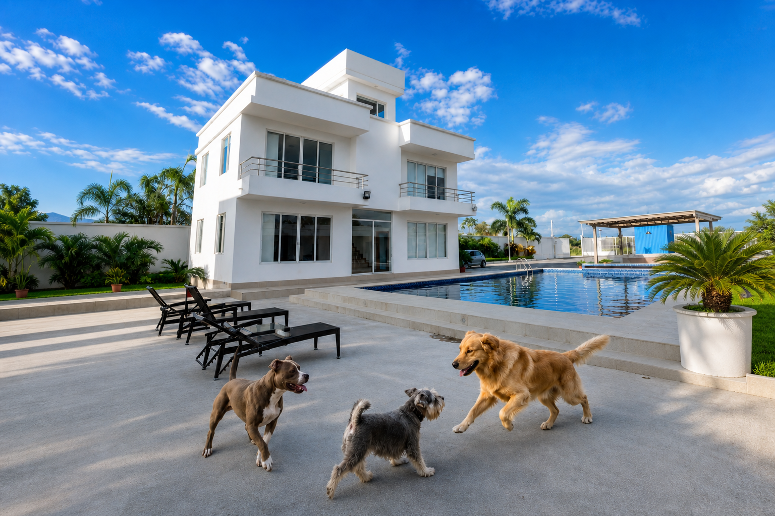 Mascotas junto a la piscina de White Villa