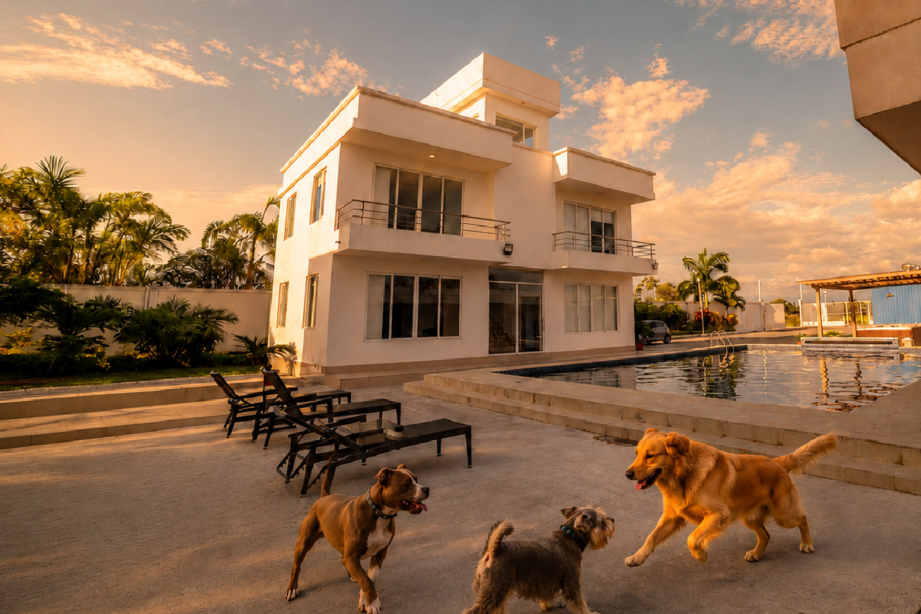 Tres perros jugando junto a la piscina de White Villa