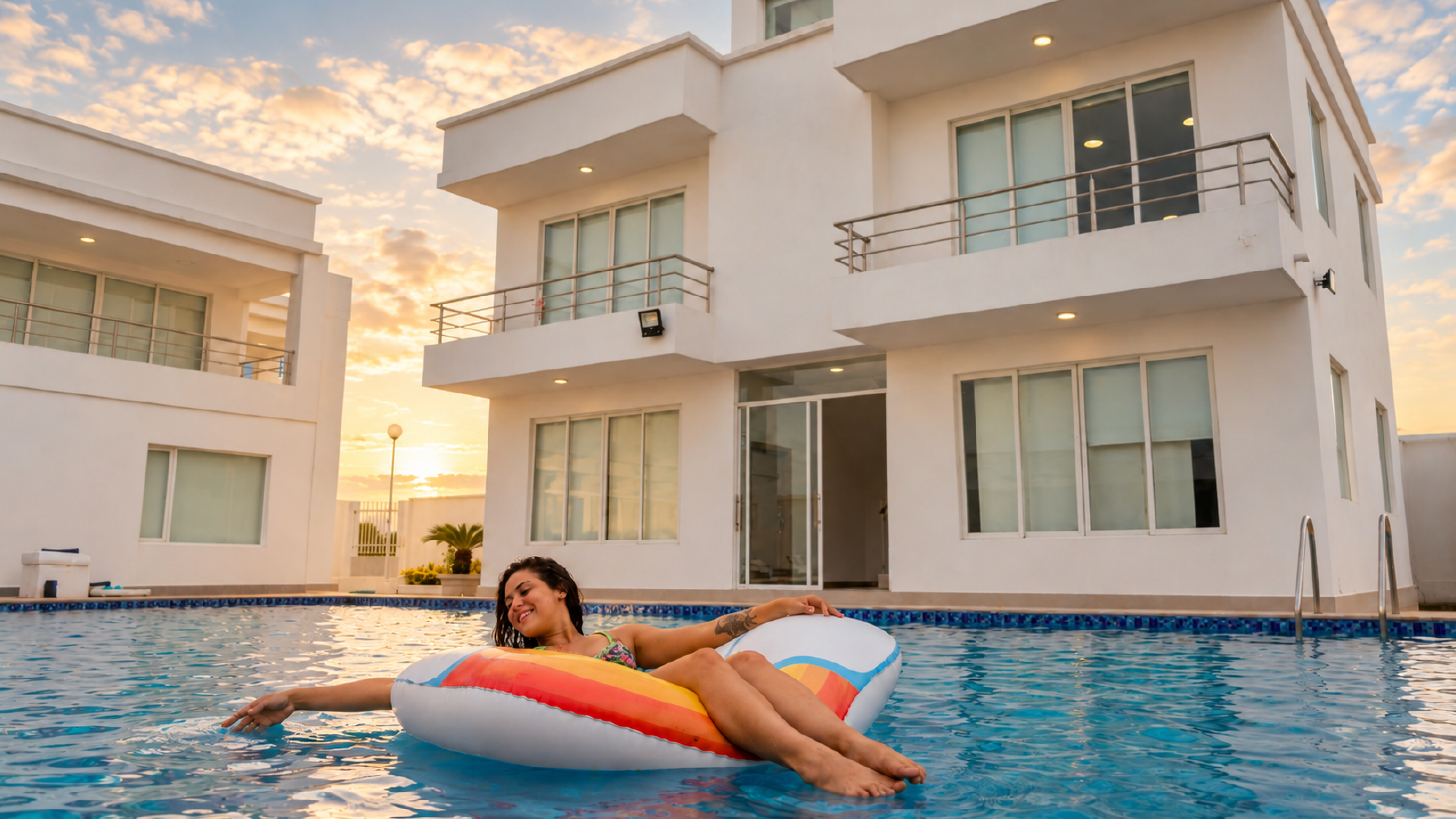 Villa contemporánea entre jardines tropicales al atardecer